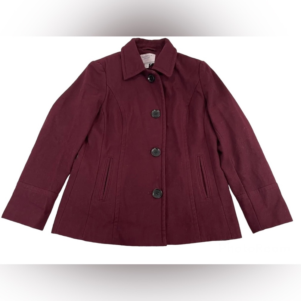 Womens NAUTICA Burgundy Pea Coat Wool Blend~ Jacket SIZE Medium~ Single Breasted
